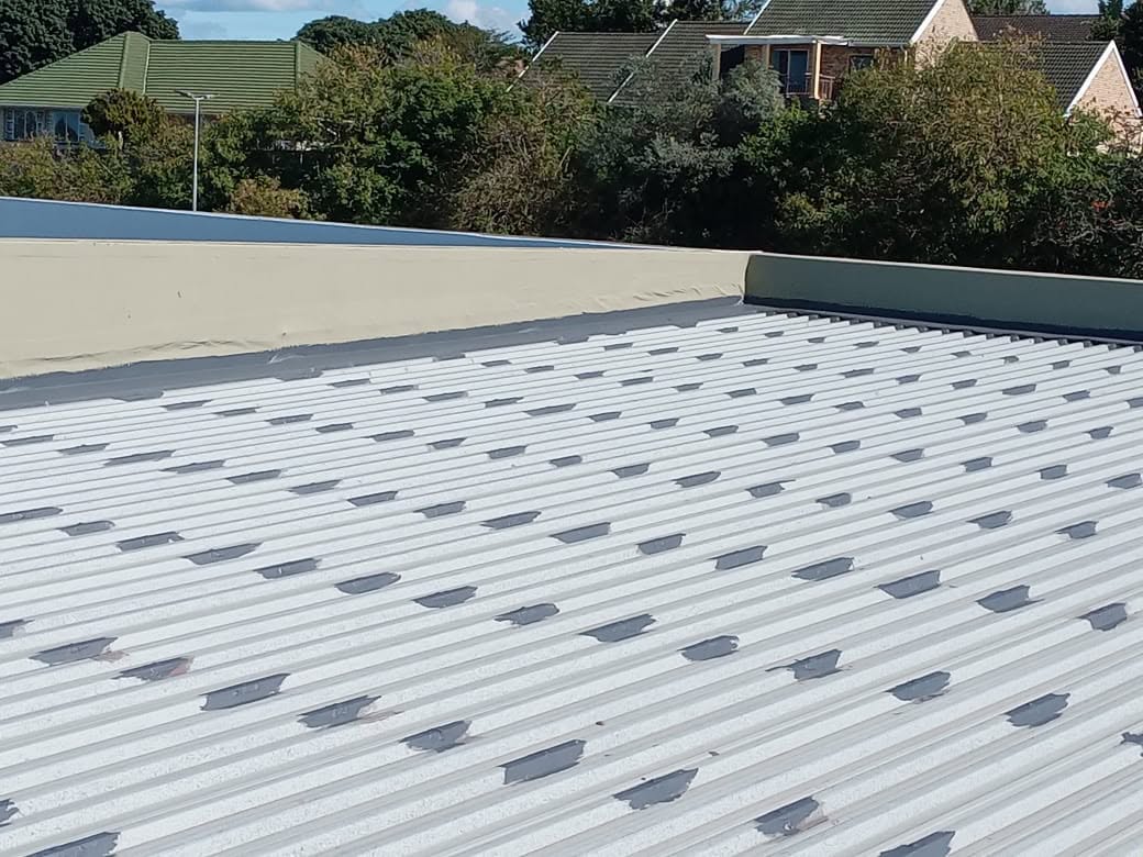 Corrugated roof with screw points sealed before full waterproof coating